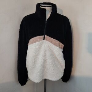 Colsie Women Black Cream Pink Colorblock Sherpa Fleece Quarter Zip Pullover S